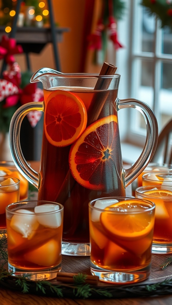 A pitcher of bourbon cocktail with orange slices and cinnamon sticks, surrounded by glasses on a festive table.